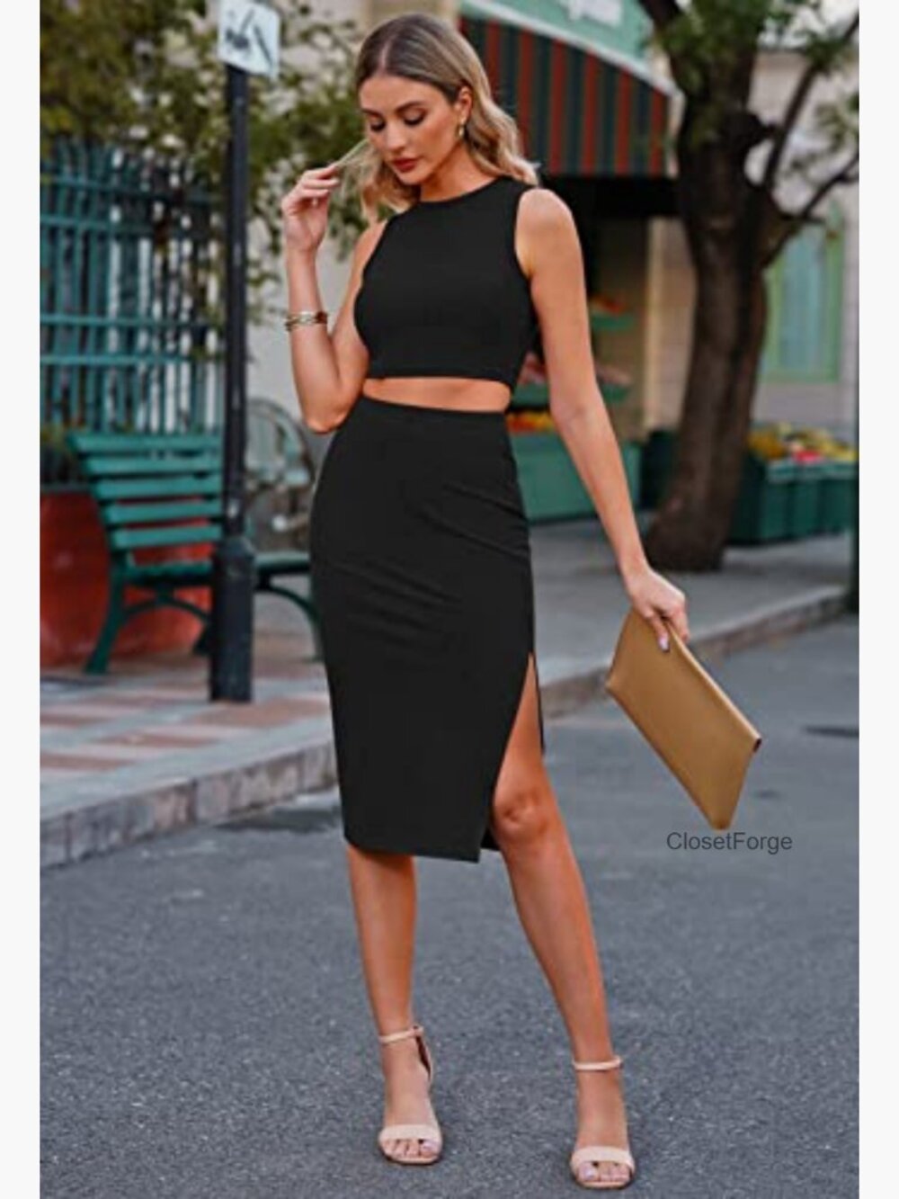 2 Piece Tank Top & Slit Midi Skirt Bodycon Outfit Set - Picture 3 of 7